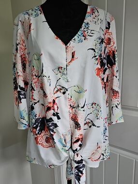 New! Tropical Tie-Front V-Neck Blouse - Cream Base with Coral & Black, Medium